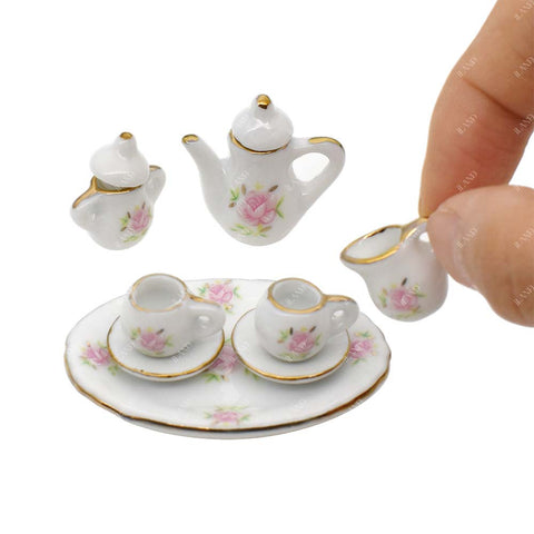 Dollhouse Pink Rose Floral Teacups, Teapots, Dinner Plates, Elegantly