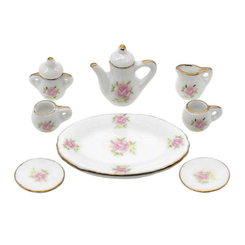 Dollhouse Pink Rose Floral Teacups, Teapots, Dinner Plates, Elegantly