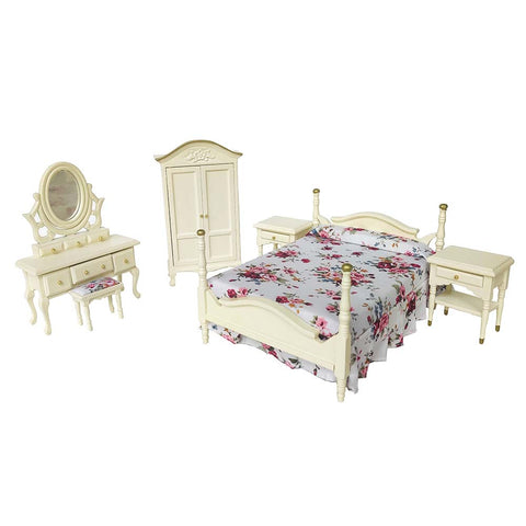 Dollhouse Bedroom Furniture in Mahogany Color (Classical Miniature Furniture 6pcs)