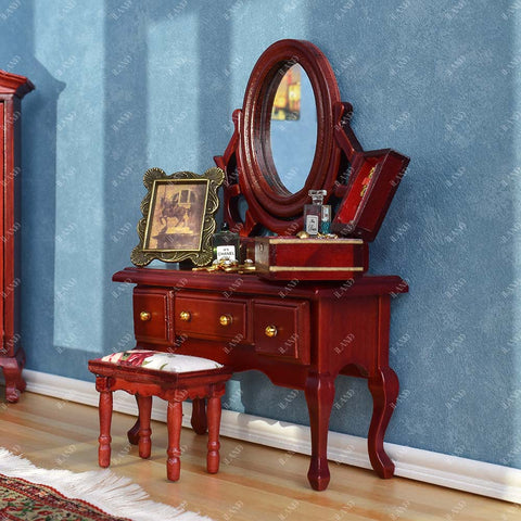 Dollhouse Bedroom Furniture in Mahogany Color (Classical Miniature Furniture 6pcs)