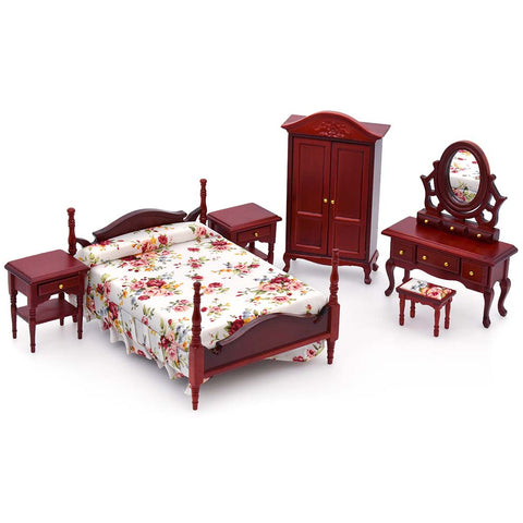 Dollhouse Bedroom Furniture in Mahogany Color (Classical Miniature Furniture 6pcs)