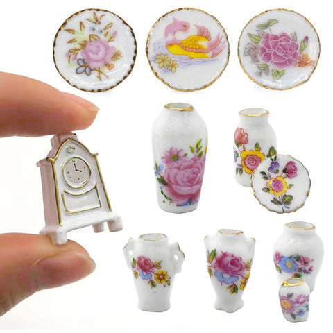 Mini Porcelain Vases and Decorative Plates w/a Desk Clock (Elegant Rose 11pcs)