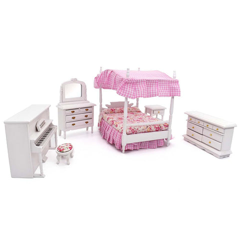 Wooden Dollhouse Bedroom Set w/Piano (Sweet Doll Furniture 6pcs)