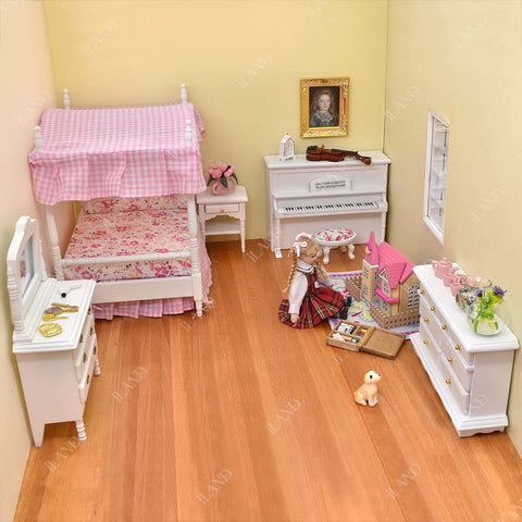 Wooden Dollhouse Bedroom Set w/Piano (Sweet Doll Furniture 6pcs)