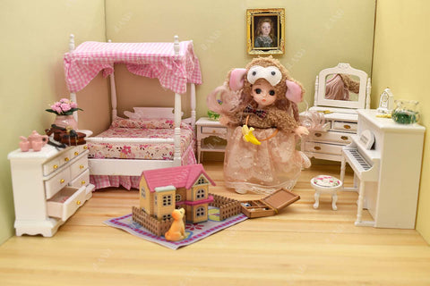 Wooden Dollhouse Bedroom Set w/Piano (Sweet Doll Furniture 6pcs)