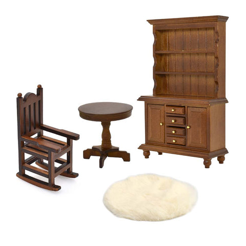 Dollhouse Table & Chair & Bookshelf Set 4pcs