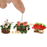 Dollhouse Miniature Flowers in Tree Bark Pots 3pcs